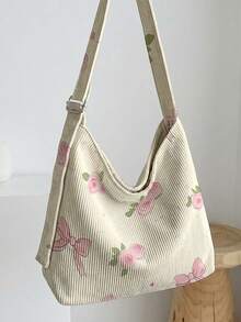 1pc Floral Print Corduroy Shoulder Bag, Large Capacity Zip, Adjustable Shoulder Strap Crossbody Tote For Ideal For Gifts, Date, Commute & Vacation - Multicolor - View 10