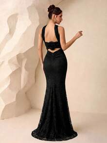 Elegant Women's Black Sleeveless Beaded Lace Mermaid Dress, With Zipper, Long Formal Evening Gown Wedding Party - Black - View 1
