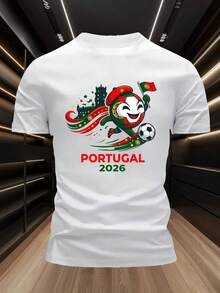 -Portugal 2026 Estilo de Fútbol de Dibujos Animados, Portugal 2026 Impresión de Fútbol de Dibujos Animados Manga Corta, Mezcla Resistente - Blanco - Ver 1