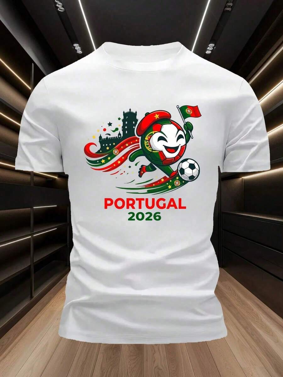 -Portugal 2026 Estilo de Fútbol de Dibujos Animados, Portugal 2026 Impresión de Fútbol de Dibujos Animados Manga Corta, Mezcla Resistente - Blanco - Ver 1