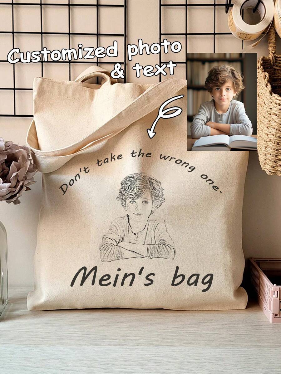 1pc Personalized Customized Photo & Text Shoulder Bag, Custom Exclusive Photo & Text, Choose Style, Canvas Tote Bag Printing Shopping Bag, Back To School, Campus Essential Storage Bag, Handbag Canvas Bag Shoulder Bag, Surprise Holiday Birthday Creative Gift For Family, Friends, Girlfriend, Boyfriend, Classmates, Teachers - Multicolor - View 1