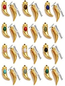 1Pc/3Pcs Gold Plated Stainless Steel Horn Pendant With Natural Stone, Vintage Boho Style, Tarnish Resistant For DIY Jewelry Making Findings - Pendants - View 3