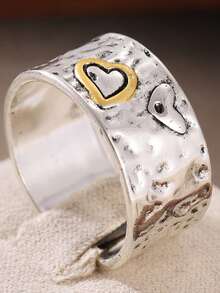 DIYCCPC Bague large en forme de cœur bicolore pour femmes, accessoire quotidien multifonctionnel à texture martelée faite à la main, cadeau de vacances parfait - Argent - Voir 8