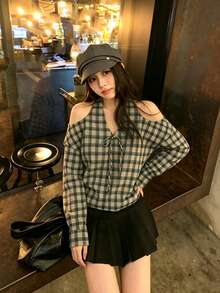 Blus Pelindung Matahari Lengan Panjang Model Dewasa dengan Kerah V dan Tali Depan, Motif Kotak-kotak, Gaya Dewasa - Coklat - View 6