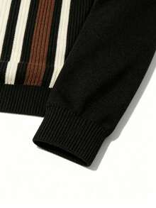 New Men's Color-Block Premium Striped Polo Collar Long Sleeve Top - Black - View 9