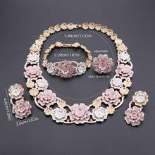 Luxury Two-Tone Floral Rhinestone Jewelry Set, Pink Flower Necklace Bracelet Earrings Ring Bridal Formal Outfit Matching Set - 4-piece Set - View 5