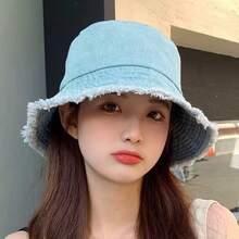 1 件女士破洞牛仔流苏渔夫帽，适合日常生活，可搭配衣服（随机字母） - 淺藍色 - 查看 6
