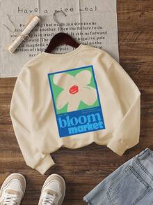 1pc Baby Boy Round Neck Sweatshirt, Contrast Color Square Frame Floral Bloom Market Letter Print, Loose Fit, Spring/Autumn, Light Apricot, Fresh Artistic Versatile Casual Kids Wear - Apricot - View 5