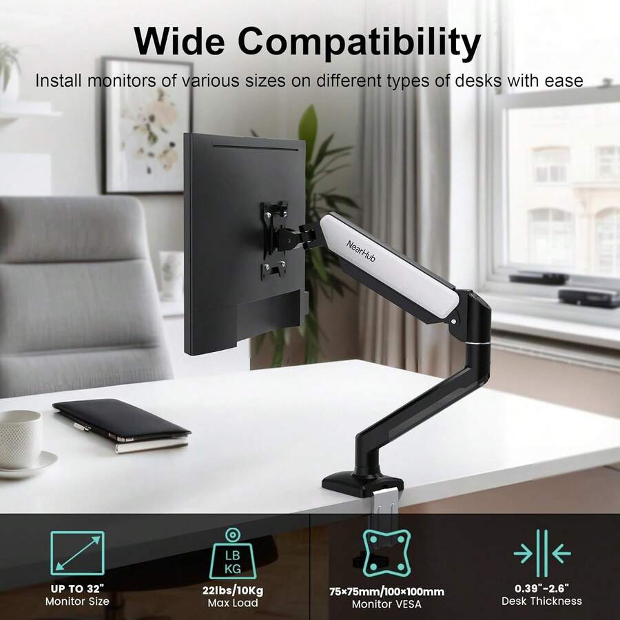 Nearhub Single Monitor Mount,13-32 Inch Computer Screen,Strong Adjust Gas Spring Monitor Arm,Full Motion Adjust With C Clamp And Grommet Base, Holds Up To 22 Lbs,VESA Mount 75mmX75mm,100mmX100mm