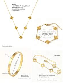 VceTd 3/4 piezas Elegante conjunto de joyería de acero inoxidable con decoración de trébol para mujeres, adecuado para uso diario o como regalo - Amarillo Oro - Ver 2