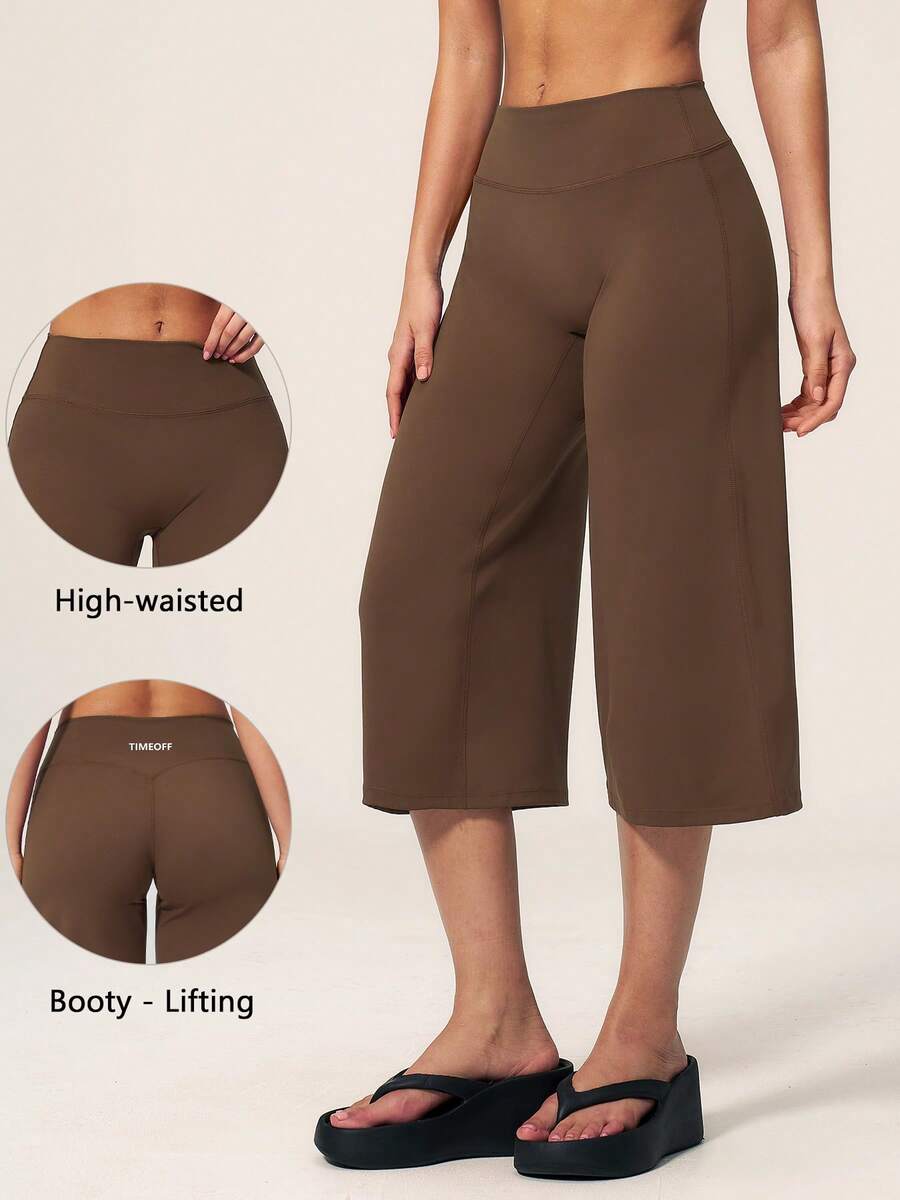 TimeOff Celana Olahraga Wanita 1 Potong Warna Polos Pengontrol Perut Kaki Lebar Panjang Sedang - Chocolate Brown - View 1