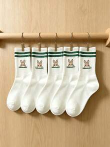 5 Pairs Men's Cute Rabbit Jacquard Cartoon Pattern Mid-Calf Socks, Contrast Stripe Design, Versatile Socks For Daily Wear - Multicolor - View 4