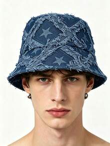 1 chiếc mũ xô thể thao ngoài trời, phong cách denim Hàn Quốc, mũ vintage giặt mài họa tiết sao, phù hợp mặc hàng ngày trên phố, chống nắng mùa hè - xanh nhạt - Xem 4