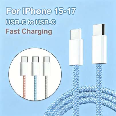 USB-C 轉 USB-C 編織快充線，相容 iPhone 15 16 17，耐用編織 PD 快充線，防斷裂堅固設計，多色數據同步線，適用手機平板旅行使用，耐磨柔軟防纏繞便攜快充