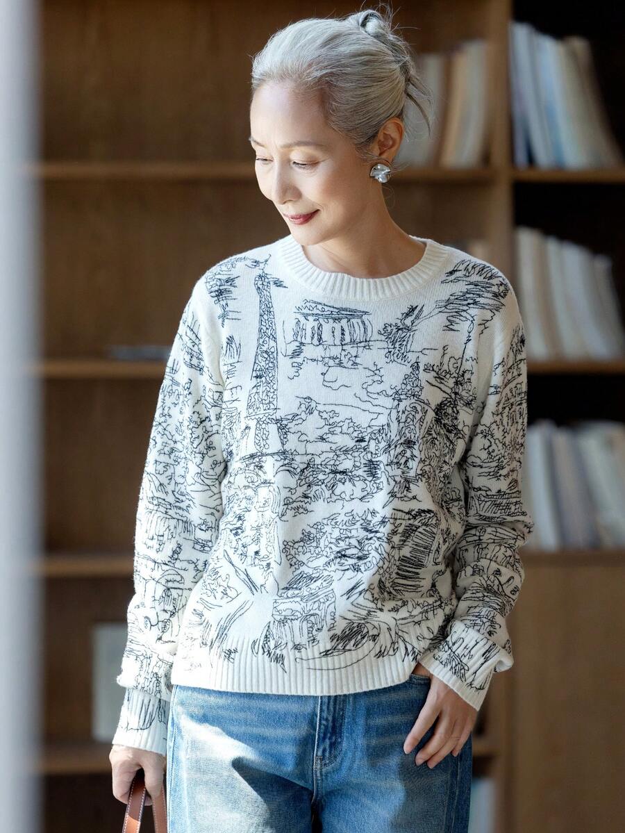 女款時尚圖案印花羊毛套頭衫,舒適長袖毛衣,適合萬聖節、感恩節、聖誕節假期穿搭 - 白色 - 查看 1