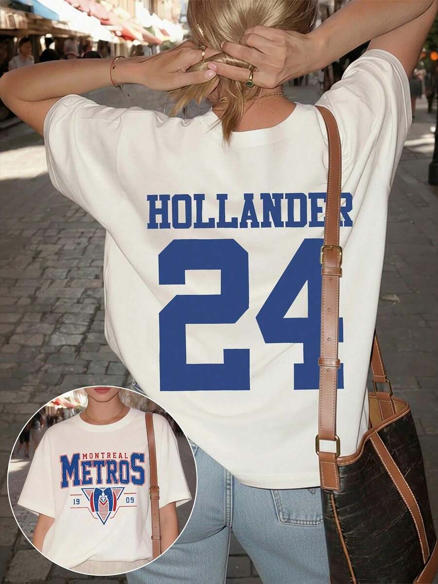 100% Baumwolle Y2K Locker geschnittenes Kurzarm-T-Shirt Unisex Amerikanisches Baseball-24er-T-Shirt, Vorder- und Rückseite, Damen-Sommerkleidung aus Baumwolle, kurzärmlig - Weiss - Übersicht 1