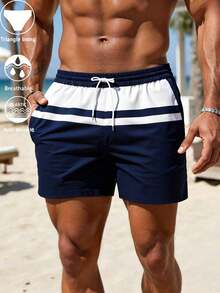 Men's Color-Block Swim Trunks (Red, White, And Navy Stripes; With Built-In Brief Liner) - Blue and White - View 3