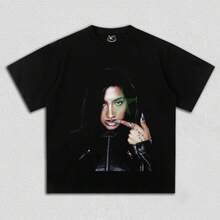 Daily Female Singer Leather Outfit Green Star Halftone Fashion Portrait Print Crew Neck T-Shirts Skin Friendly Soft Fabric Short Sleeve Street Loose - Black - View 1