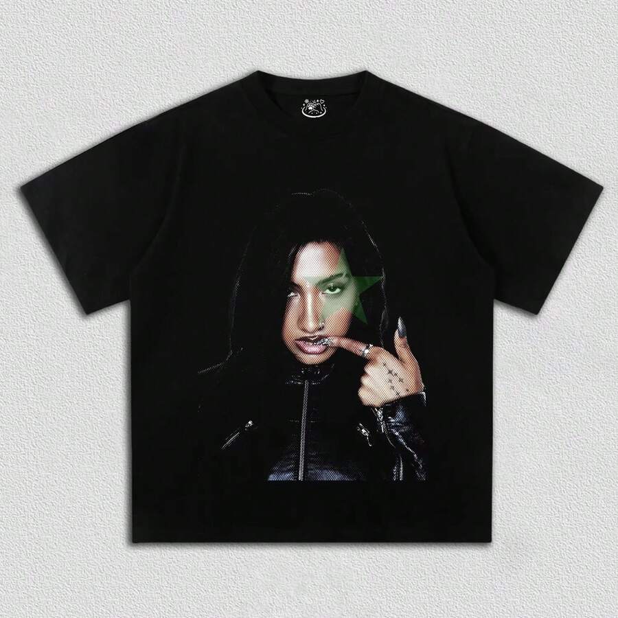 Daily Female Singer Leather Outfit Green Star Halftone Fashion Portrait Print Crew Neck T-Shirts Skin Friendly Soft Fabric Short Sleeve Street Loose - Black - View 1