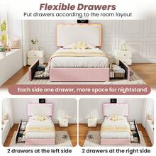 Flieks 3ft Single Upholstered Bed Frame With Adjustable LED Wavy Headboard, 2 Storage Drawers, Pink & Cream White - Pink - View 7