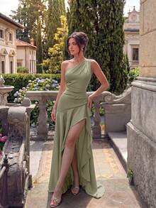 Elisanya Elegant One-Shoulder High-Waist Asymmetrical Pleated Backless Floor-Length Party Dress, Suitable For Prom, Evening Party, Date, Wedding Guest, Formal Dinner - Mint Green - View 3