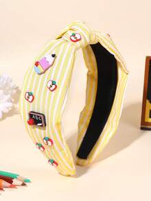 1pc Back To School Knotted Headbands,Gingham Stripe Apple Pencil Pearl Decor Hair Band ,Teen Hair Accessories For First Day Of School,School Supplies - Multicolor - View 3