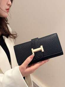 1件裝黑色荔枝紋長款時尚按扣女款經典復古三折手機錢包輕便手拿包 - 黑色 - 查看 6
