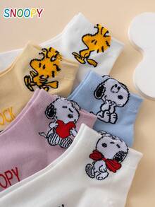 5 Pairs SNOOPY Authentic Women's Short Socks With Cartoon Dog And Letter Pattern - Multicolor - View 5