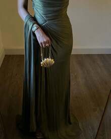 Vestido de noche suelto y cómodo con cinta plegada y brillante para mujer, para primavera y otoño - Verde Oliva - Ver 3