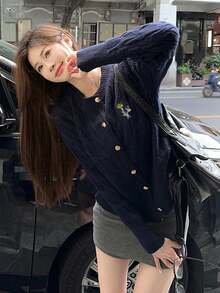 Autumn/Winter Bear Embroidery Cable Knit Cardigan, Preppy Style Sweater For Outerwear - Navy Blue - View 4