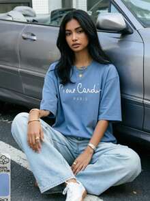2026 Summer Women's Custom Loose-Fit Light Blue Cotton Top, White Handwritten Letter Print On Front, Light Luxury Style - Light Blue - View 7