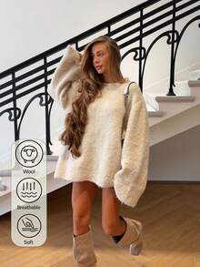 Senya 2026 Women's Loose Silhouette Chenille Knit Sweater, Beige Round Neck Long Sleeve Oversized Pullover, Comfortable Minimalist Casual Autumn/Winter Knit Dress - Apricot - View 1