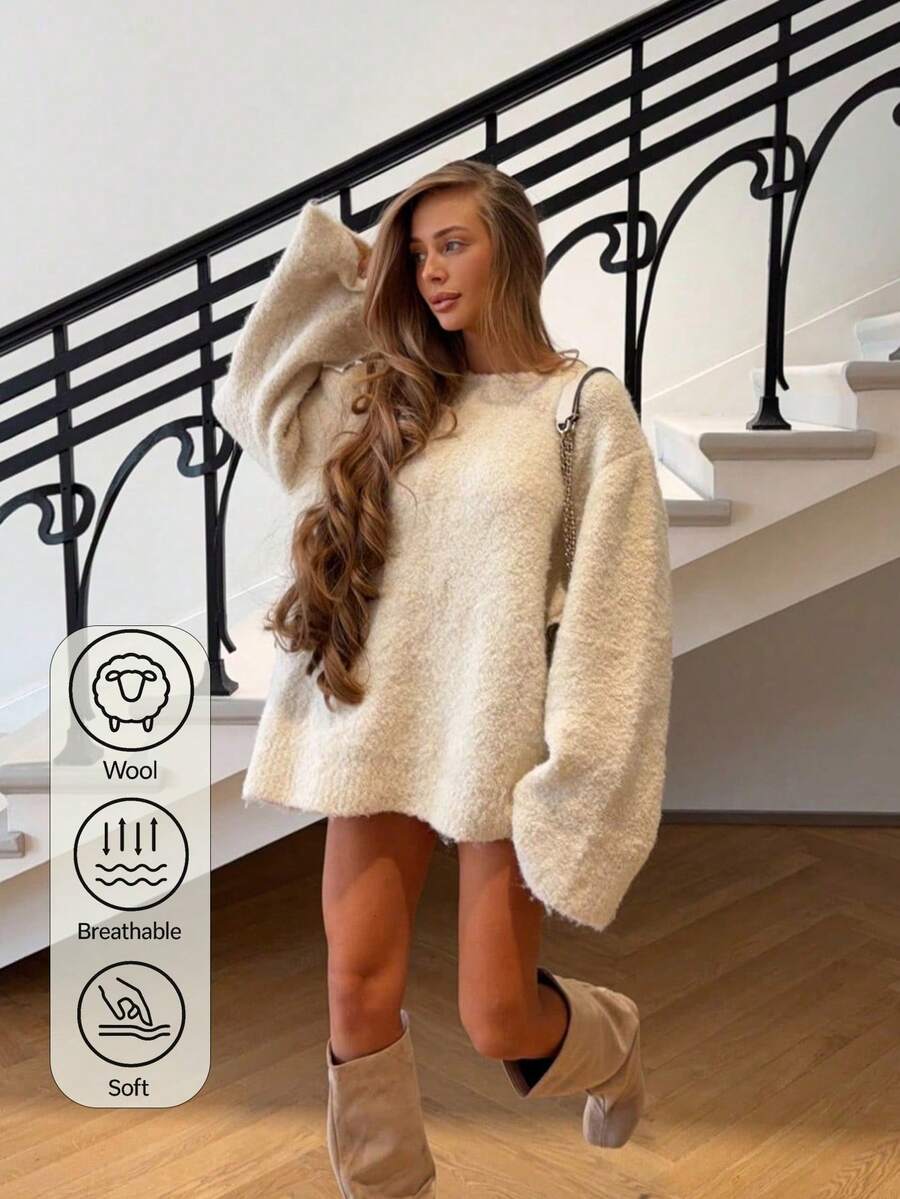 Senya 2026 Women's Loose Silhouette Chenille Knit Sweater, Beige Round Neck Long Sleeve Oversized Pullover, Comfortable Minimalist Casual Autumn/Winter Knit Dress - Apricot - View 1