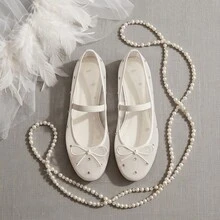 Womens Mesh Mary Jane Ballet Flats Sheer Rhinestone Bow Round Toe Slip On Flat Ballerina Party Wedding Sandals For Women - 白色 - 查看 2