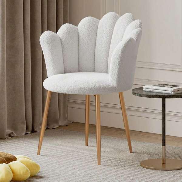 Modern Vanity Chair, Boucle Shell Back Armchair | Shell Back Accent Chair With Thick Seat Cushion & Gold Steel Legs, Comfy Armchair For Living Room, Bedroom, White