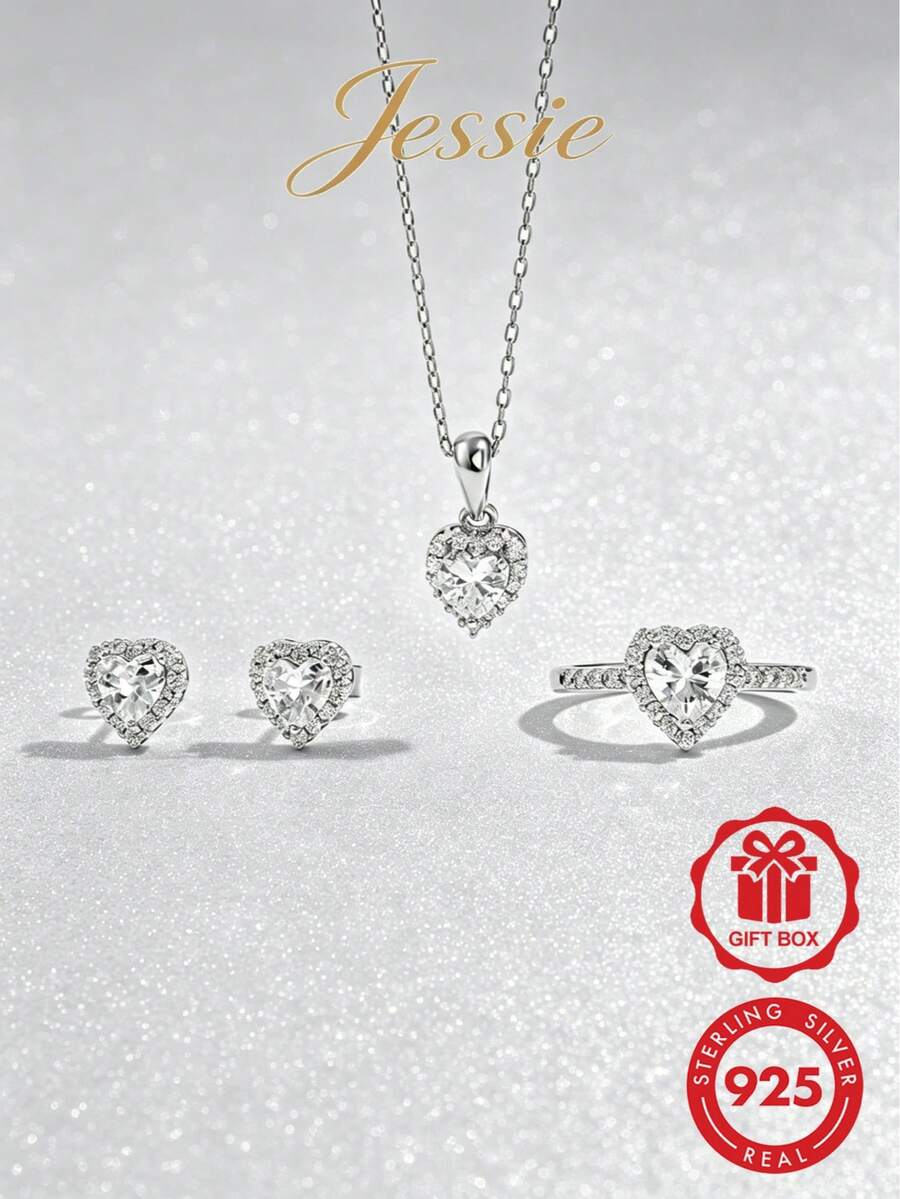 Vaerine 1套優雅迷人閃亮經典925銀鋯石心形珠寶套組,適合宴會、婚禮,可作為配對禮物 - 愛心套裝 - 查看 1