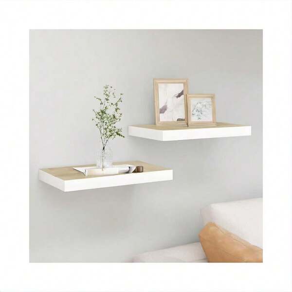Floating Shelves - Oak & White 2-Pack, Multi-Functional Wall Mount, 15.7"X9.1"X1.5", MDF & Metal Frame