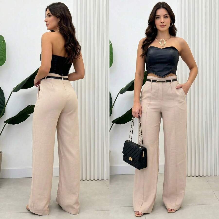 Women's Tailored Trousers With Belt - Beige - View 1