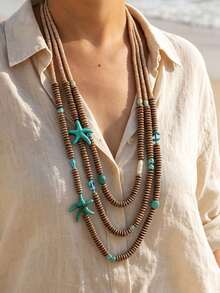 1 buah Kalung Panjang Manik-Manik Multilayer Motif Bintang Laut Imitasi Gaya Liburan Bohemian - Aksesori Sempurna untuk Liburan Pantai Musim Panas, Festival Musik, Hadiah untuk Teman - 1 kalung panjang manik-manik berlapis-lapis imitasi bintang laut untuk wanita - View 1