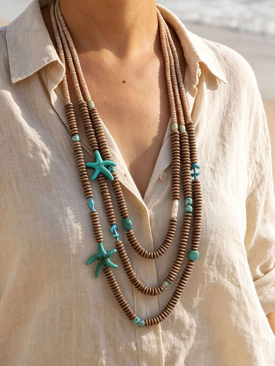 1 buah Kalung Panjang Manik-Manik Multilayer Motif Bintang Laut Imitasi Gaya Liburan Bohemian - Aksesori Sempurna untuk Liburan Pantai Musim Panas, Festival Musik, Hadiah untuk Teman - 1 kalung panjang manik-manik berlapis-lapis imitasi bintang laut untuk wanita - View 1