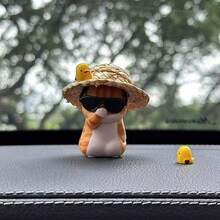 Cute Straw Hat Fashion Glasses Cat Car Dashboard Ornament Interior Decor Accessory Gift For Girls - Cat Figurine - View 3