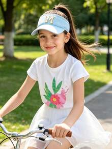 A-Z 花卉字母青少年女孩可調節空頂棒球遮陽帽，適合海灘、學校與戶外活動 - 淺藍色 - 查看 3