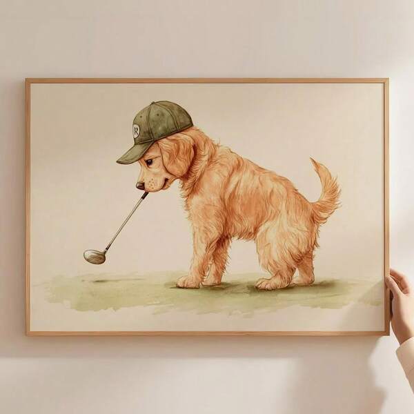 1 st inramad/oinramad söt Golden Retriever golf rolig canvasposter, vintage valp golfande hund, sportig barnkammarsväggkonst, minimalistisk man cave-dekor, retro målning för sovsal, vardagsrum, sovrum, modern heminredning