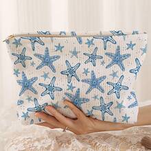 1 pieza Bolsa de almacenamiento de cosméticos portátil, patrón de serie de océano con concha y estrella de mar, impresión de doble cara, bolsa de maquillaje con cremallera para viajes, bolsa de almacenamiento de artículos de tocador multifuncional - Multicolor - Ver 6