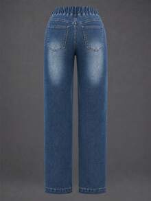 New Women's Elastic Waist Fashion Straight Leg Jeans Casual - Navy Blue - View 5