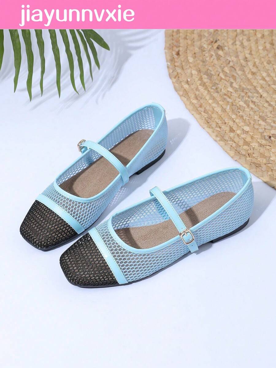 JiaYunNvXie Women's Mesh Ballet Flats, Breathable Casual Square Toe, Fashionable Comfortable Soft Sole Flat Shoes Black Color Block - Baby Blue - View 1
