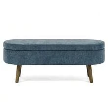 Multifunctional Storage Bench, Soft Chenille Fabric, Wooden Legs, Solid Wood Frame, 20L Storage Space, 110x40x42cm, For Bedroom, Living Room, Shoe Bench, Hallway - 藍色 - 查看 12