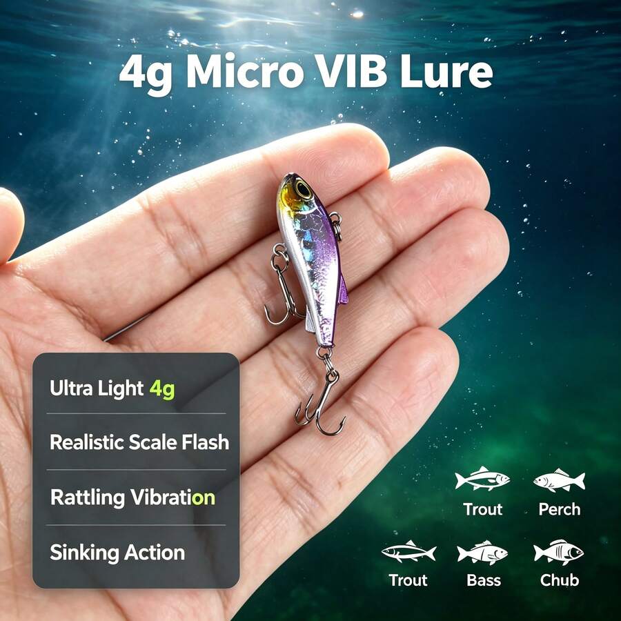 HENGJIA 沉水 VIB 釣魚路亞 4g 微振動硬餌 震動搖擺發光雷射鱗片仿真餌,適用於鱒魚、鱸魚、淡水魚 - 彩色 - 查看 1