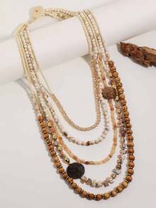 1pc Women's Vintage Bohemian Beach Vacation Style Geometric Multi-Layer Beaded Long Necklace - 1 Vintage Geometric Multi-layered Beaded Long Necklace - View 2