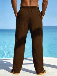 Men's Spring/Summer Lightweight Casual Long Pants, Minimalist Solid Color Pocket Drawstring Trousers, Comfortable Loose Fit Linen Pants 2 Pieces - Brown - View 5